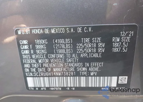 2022 Honda Hr-V Awd Sport из США, поврежденный, VIN 3CZRU6H14NM738281